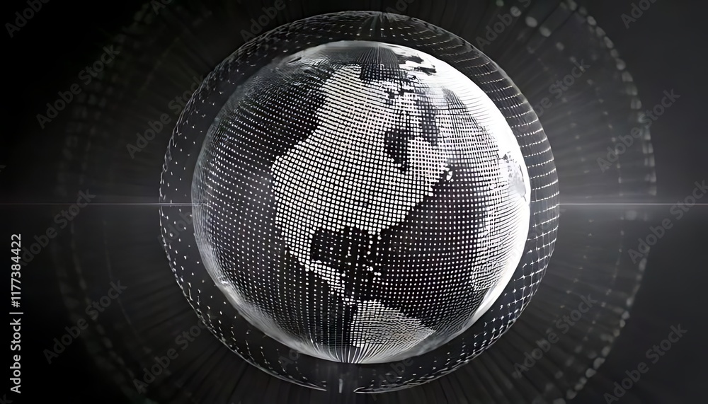 Poster luminous, gridded globe with white continents is surrounded by radial light patterns on a dark backd