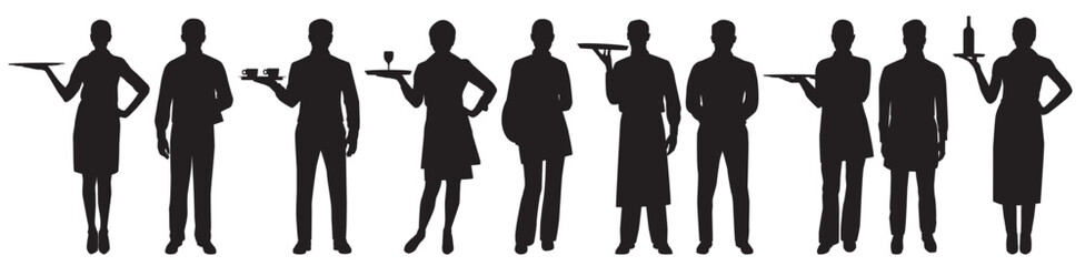 silhouettes of restaurant staff and waiter, waitress, chef, kitchen staff set. 