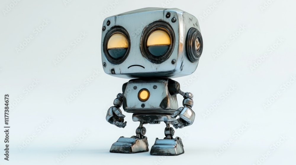 Poster a small, cartoonish robot with a metallic finish and expressive eyes stands in a neutral pose.