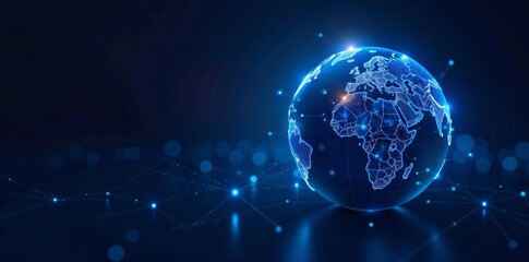 Obraz premium Digital globe with glowing blue lines and pulsing nodes, neon lights, cybersecurity, glow