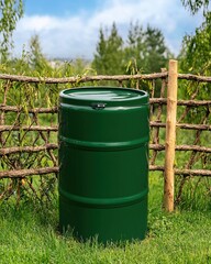 Obraz premium Green Garden Barrel Surrounded by Nature and Wooden Fence in Bright Daylight Setting