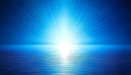 Fototapeta premium Radiating blue light bursts above rippling water, creating a serene, abstract scene.