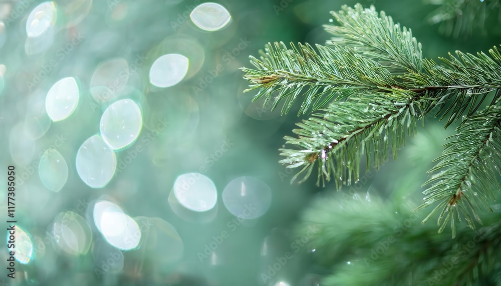 Aufkleber close-up of frosted evergreen pine branches with water droplets and soft bokeh background for winter