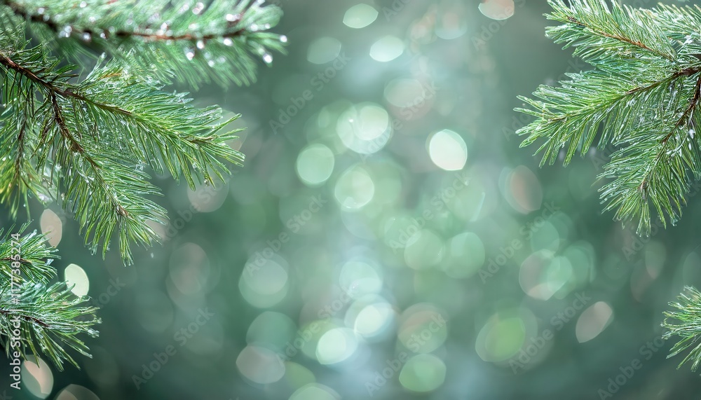 Poster Close-Up of Frosted Evergreen Pine Branches with Water Droplets and Soft Bokeh Background for Winter Nature Themes or Festive Designs