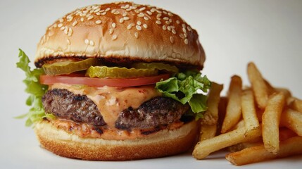 A close-up of a hamburger and french fries
