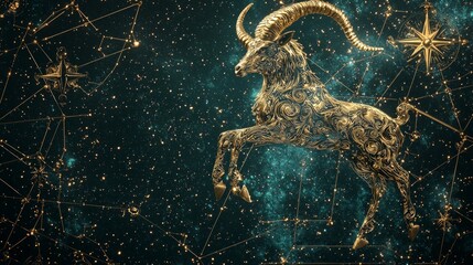 Celestial Harmony: Capricorn Quadrant Astrology Map with Golden Sea-Goat Illustration in Deep Teal Star Field - Ultra-Detailed Cinematic Artwork