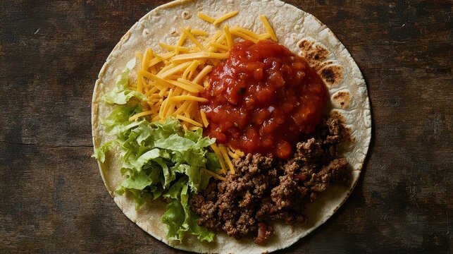 Close-Up Soft Taco with Ground Beef, Cheese, Lettuce, and Salsa Shot from Above, Featuring Intricate Textures and Details in a Gigapixel Resolution