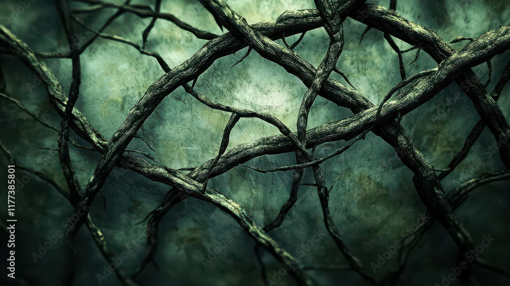 Aufkleber macro composition of tangled vines intertwining in dark green background