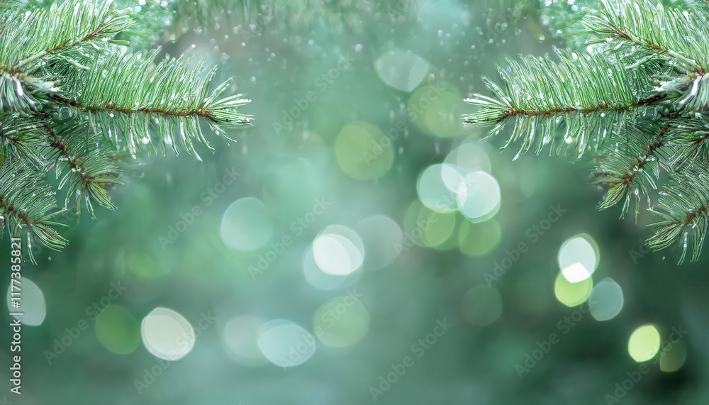 Aufkleber Close-Up of Frosted Evergreen Pine Branches with Water Droplets and Soft Bokeh Background for Winter Nature Themes or Festive Designs