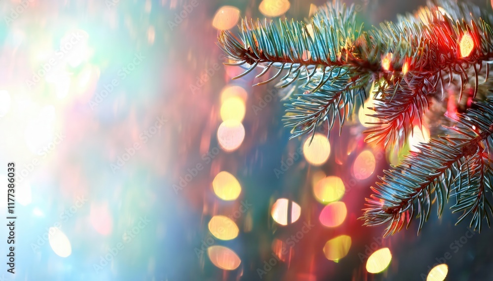Poster festive fir tree branch with colorful bokeh lights in a vibrant holiday atmosphere perfect for chris