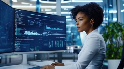 Data Analyst at Work: Focused Black woman reviewing data on large monitors.  