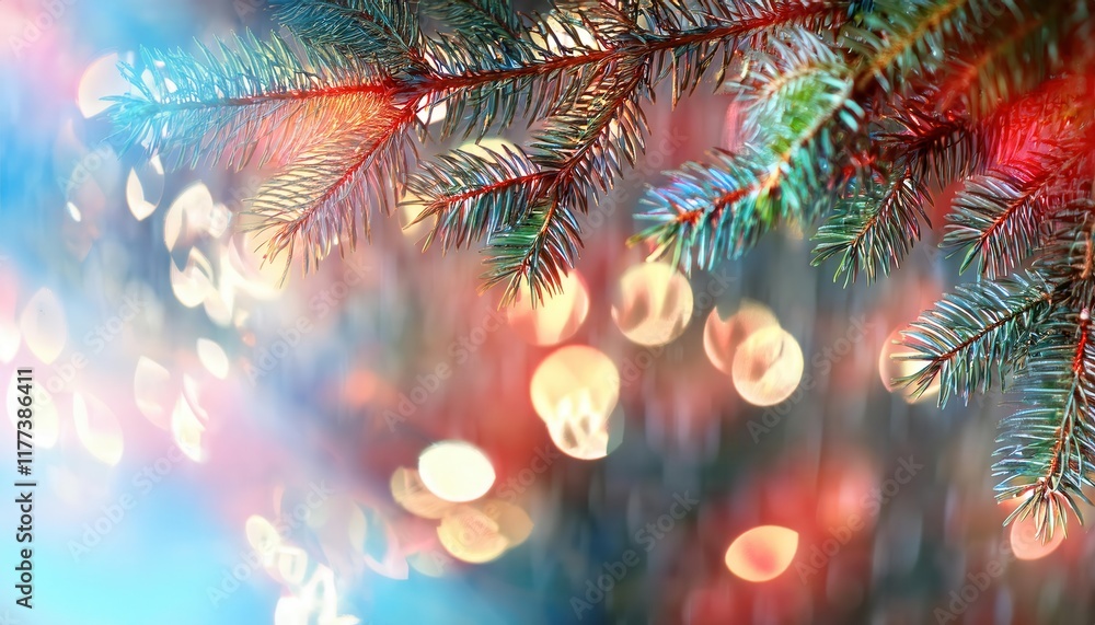 Aufkleber festive fir tree branch with colorful bokeh lights in a vibrant holiday atmosphere perfect for chris