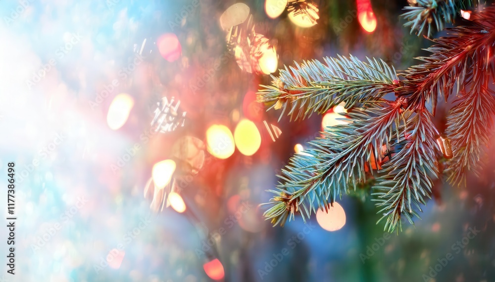 Poster festive fir tree branch with colorful bokeh lights in a vibrant holiday atmosphere perfect for chris
