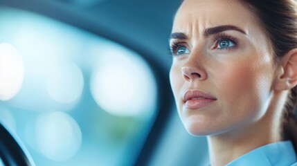 Obraz premium Focused Drive: A woman intently focused on the road ahead, showcasing determination and concentration while driving. Her expression reflects a serious and thoughtful demeanor.