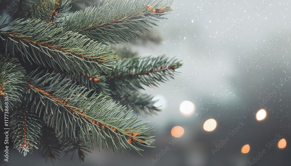Poster Close-Up of Snow Covered Evergreen Pine Branches with Soft Bokeh Winter Lights in Background: Perfect for Seasonal Nature Photography

