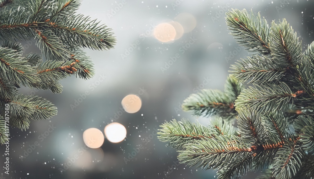 Poster Close-Up of Snow Covered Evergreen Pine Branches with Soft Bokeh Winter Lights in Background: Perfect for Seasonal Nature Photography


