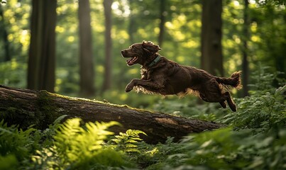 Dog jumping over log in forest