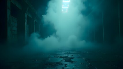 Mysterious Teal Neon Alleyway Foggy Atmosphere Dark Background