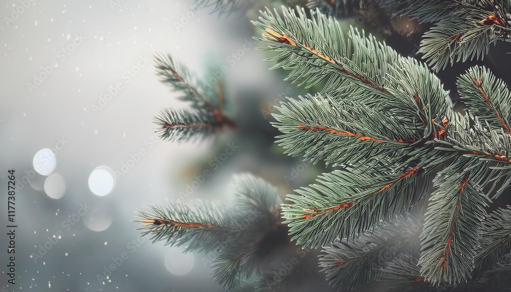 Poster Close-Up of Snow Covered Evergreen Pine Branches with Soft Bokeh Winter Lights in Background: Perfect for Seasonal Nature Photography


