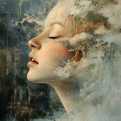 a serene portrait of a person with cloud-like formations around them