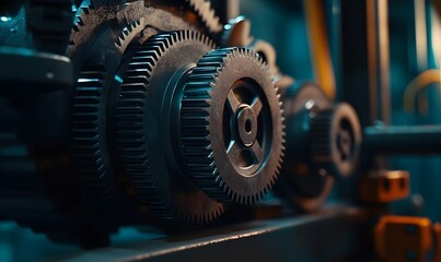 Fototapeta premium Close-up of intricate metal gears in machinery.