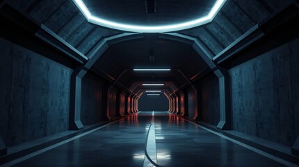 Fototapeta premium Realistic Garage Underground Lights Hallway Tunnel Corridor Sci Fi, Futuristic Dark Parking