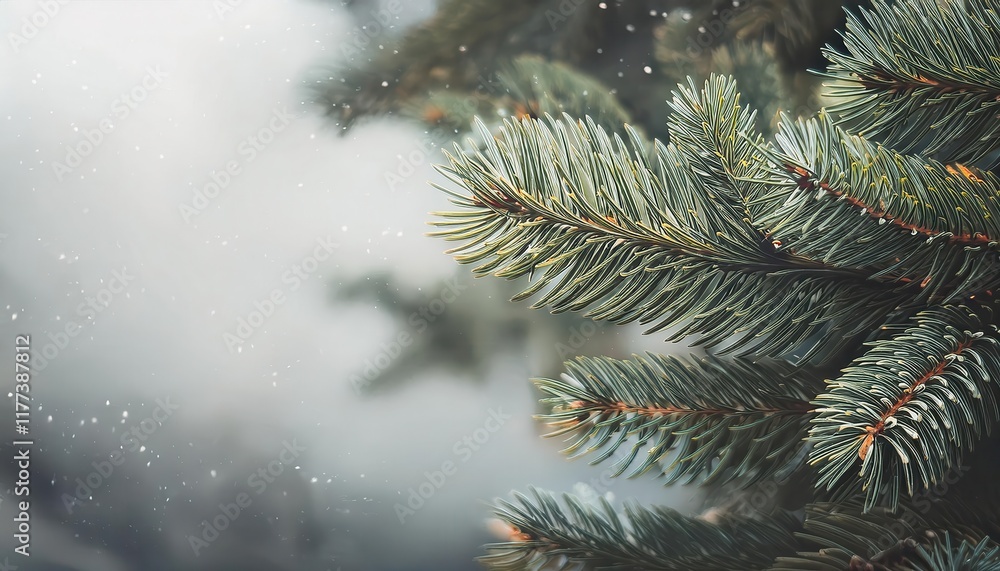 Poster Close-Up of Snow Covered Evergreen Pine Branches with Soft Bokeh Winter Lights in Background: Perfect for Seasonal Nature Photography

