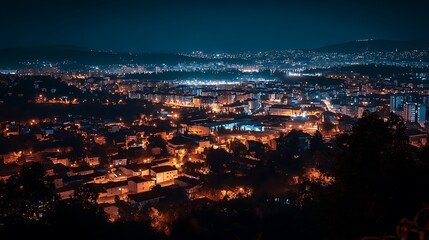 Obraz premium Stunning Nighttime Cityscape View With Bright Lights and Illuminated Buildings in High Resolution