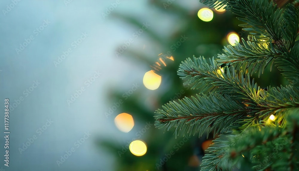 Poster Close-Up of Evergreen Fir Tree Branch with Soft Yellow Christmas Lights and Bokeh Background for Festive Holiday Decor Inspiration