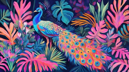 Vibrant peacock amidst lush, colorful tropical foliage.