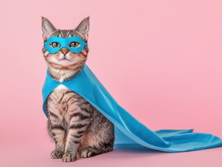 cat wearing a blue mask and cape on a pink background