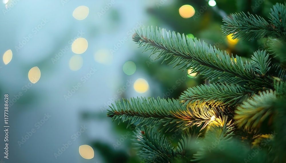 Poster Close-Up of Evergreen Fir Tree Branch with Soft Yellow Christmas Lights and Bokeh Background for Festive Holiday Decor Inspiration