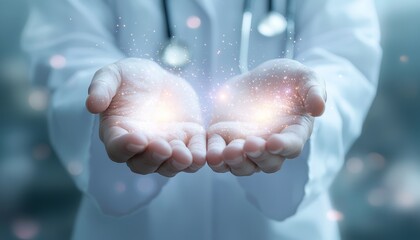 A healthcare professional's hands are open with glowing orbs, symbolizing healing, care, and the connection between science and well-being.