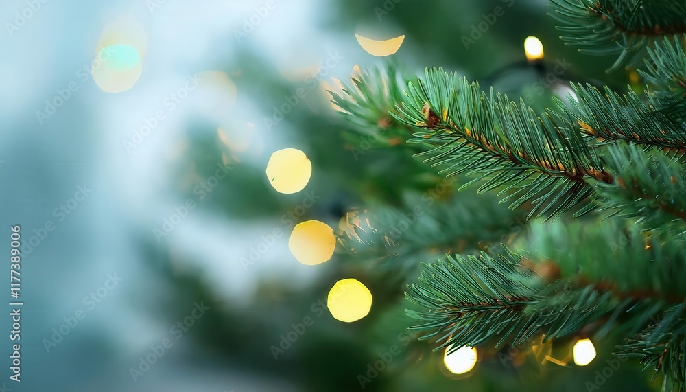 Poster Close-Up of Evergreen Fir Tree Branch with Soft Yellow Christmas Lights and Bokeh Background for Festive Holiday Decor Inspiration
