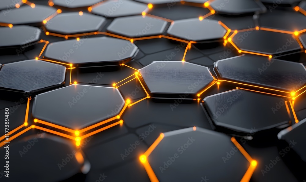Poster abstract hexagonal pattern with glowing orange lines.