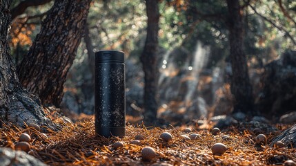 Obraz premium Insulated bottle in autumn forest with distant waterfall