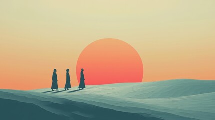 Fototapeta premium Minimalist Landscape with Women Walking Against a Sunset Background