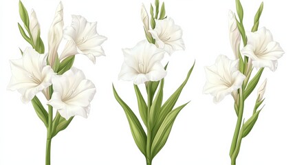three stalks of white gladiolus flowers isolated on white