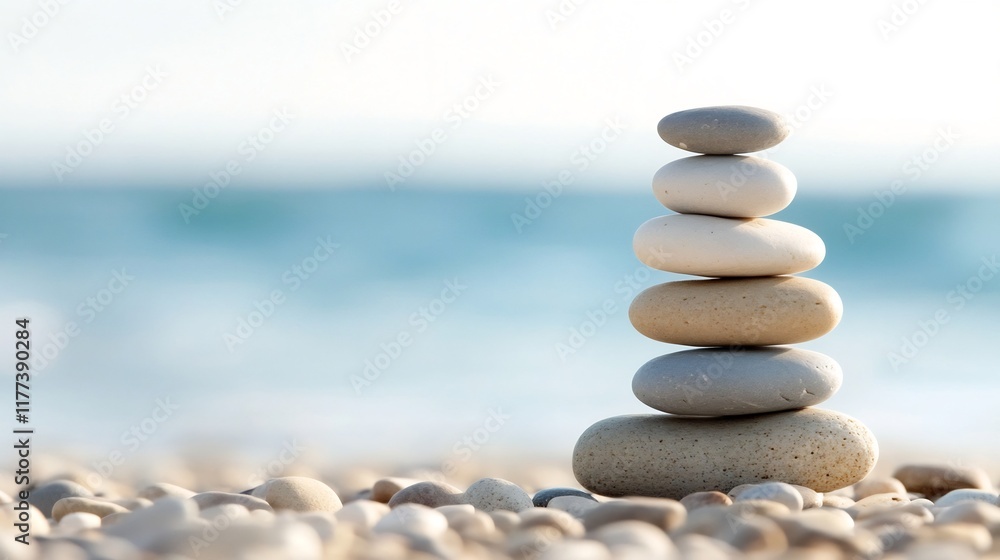 Poster serene pebble stack on tranquil beach with soft focus background