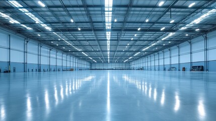 Obraz premium A spacious industrial warehouse with polished concrete flooring and ample overhead lighting.
