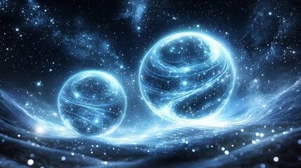 Mystical, glowing orbs float amidst a blanket of stars, casting a soft celestial glow in an endless sky filled with deep blues and shimmering stardust