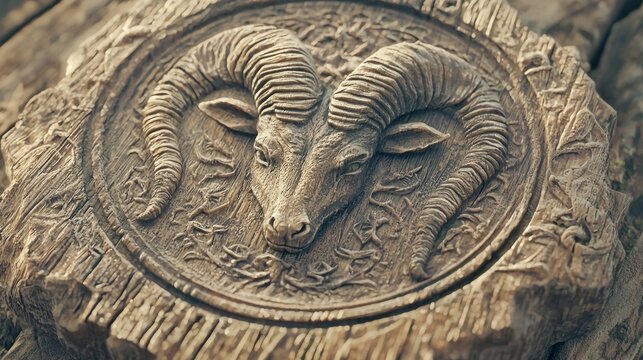 Elegant Capricorn Zodiac Driftwood Ornament with Intricate Carvings and Watery Stains - Cinematic Artwork