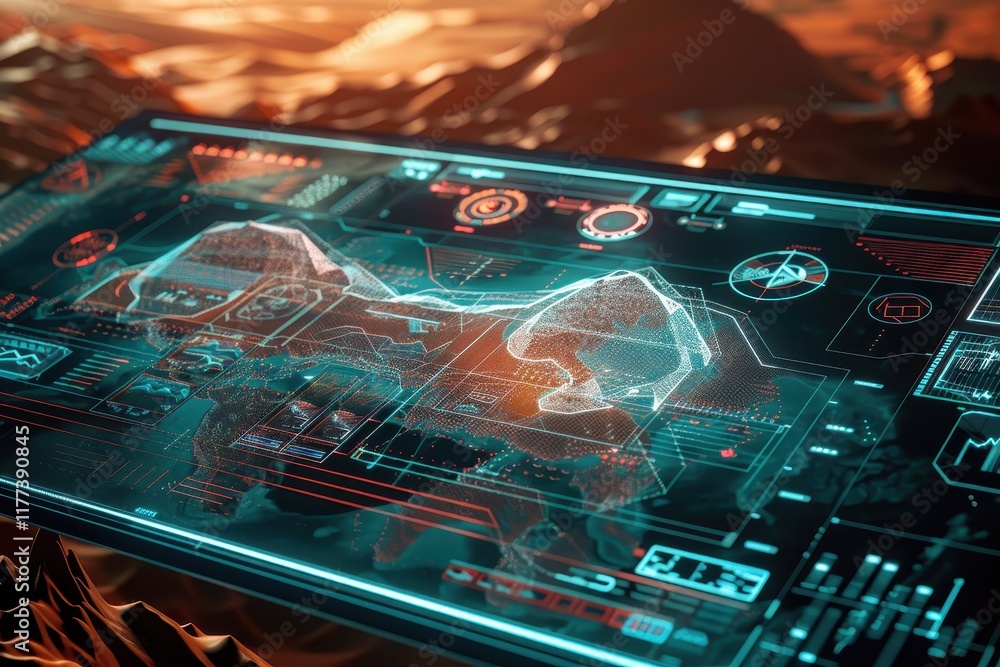 Poster futuristic holographic interface with terrain data display