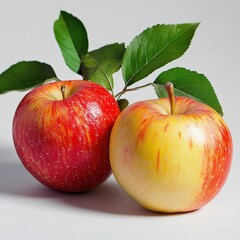 two apples with leaves on a white background