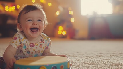 Joyful Baby Playing with Tambourine in a Bright Room, Creating Happy Noise and Cherished Memories Captured at High Angle with Warm Lighting
