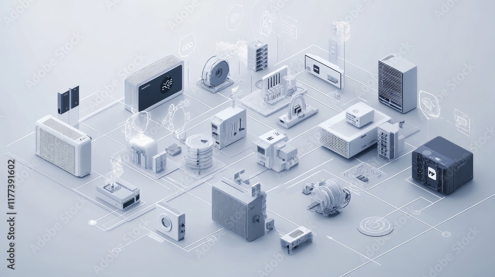 Poster cloud computing visualization featuring interconnected devices representing iot and digital storage 
