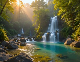 Crystal Waterfall in the Middle of Tropical Green Forest in the Afternoon : Refreshing Natural Landscape for Poster and Wallpaper Design - obrazy, fototapety, plakaty