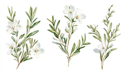 Naklejka premium watercolor painting of white flowers and green leaves