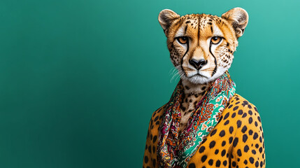 A striking cheetah dressed in a bold patterned scarf, posed against a vivid green background, providing ample copy space in the center