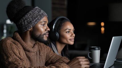 Man and woman collaborating on a laptop project at shared table couple